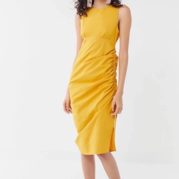 Urban Outfitters | Dresses | Urban Outfitters Yellow Linen Crew Neck Ruched  Midi Sleeveless Dress S | Poshmark
